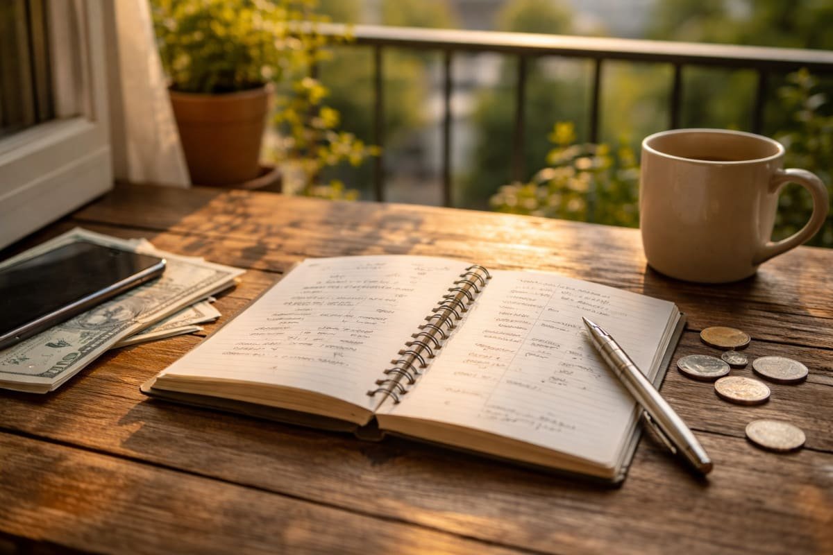 mujer revisando documentos en mesa con luz natural mientras respira profundo en un espacio tranquilo