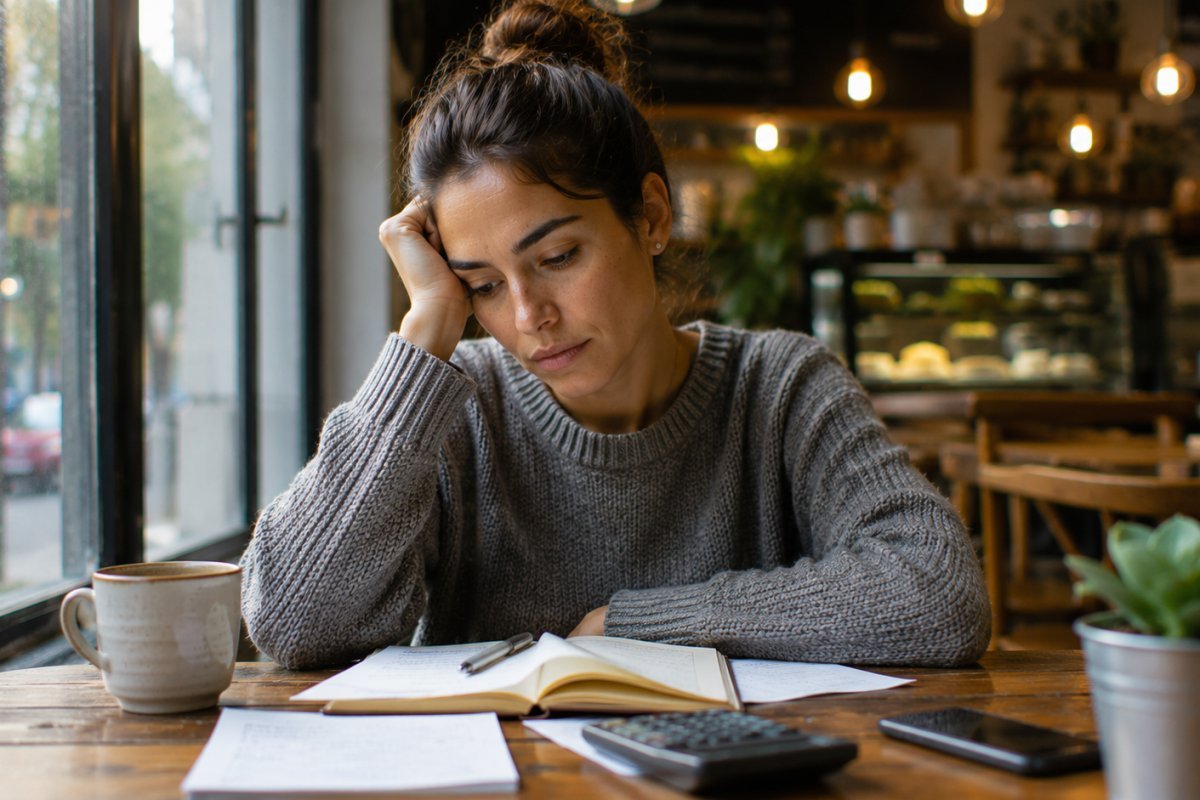 joven reflexionando sobre su situación financiera en una cafetería