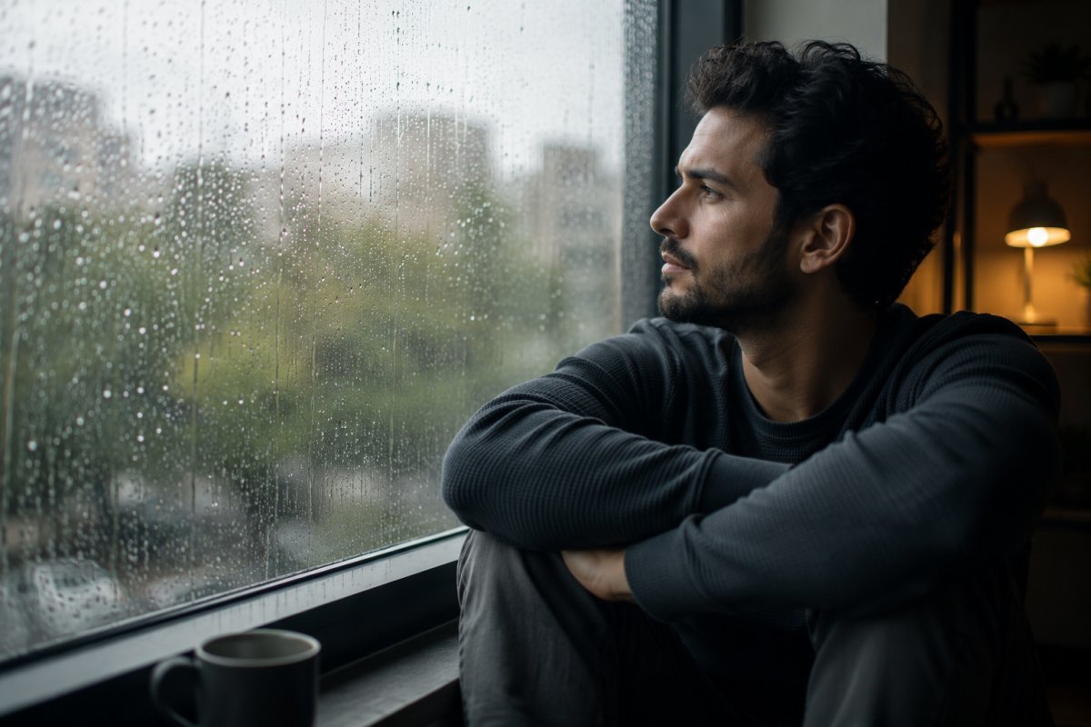 Hombre reflexionando junto a una ventana en un día lluvioso