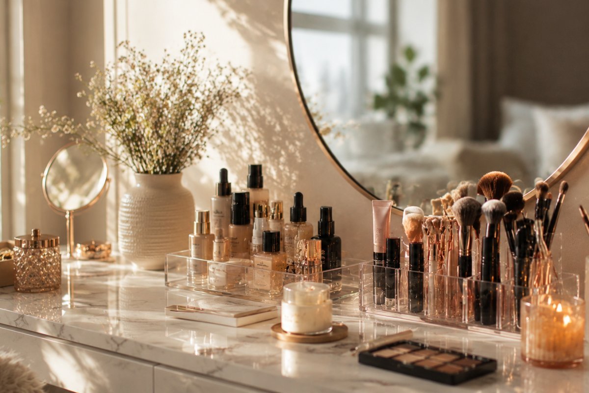 Productos de belleza organizados en un tocador moderno
