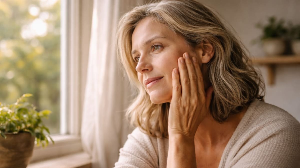 persona sentada cerca de ventana tocando suavemente su rostro con luz natural