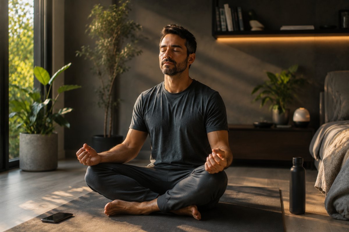 Hombre adulto meditando en una habitación moderna con su teléfono apagado