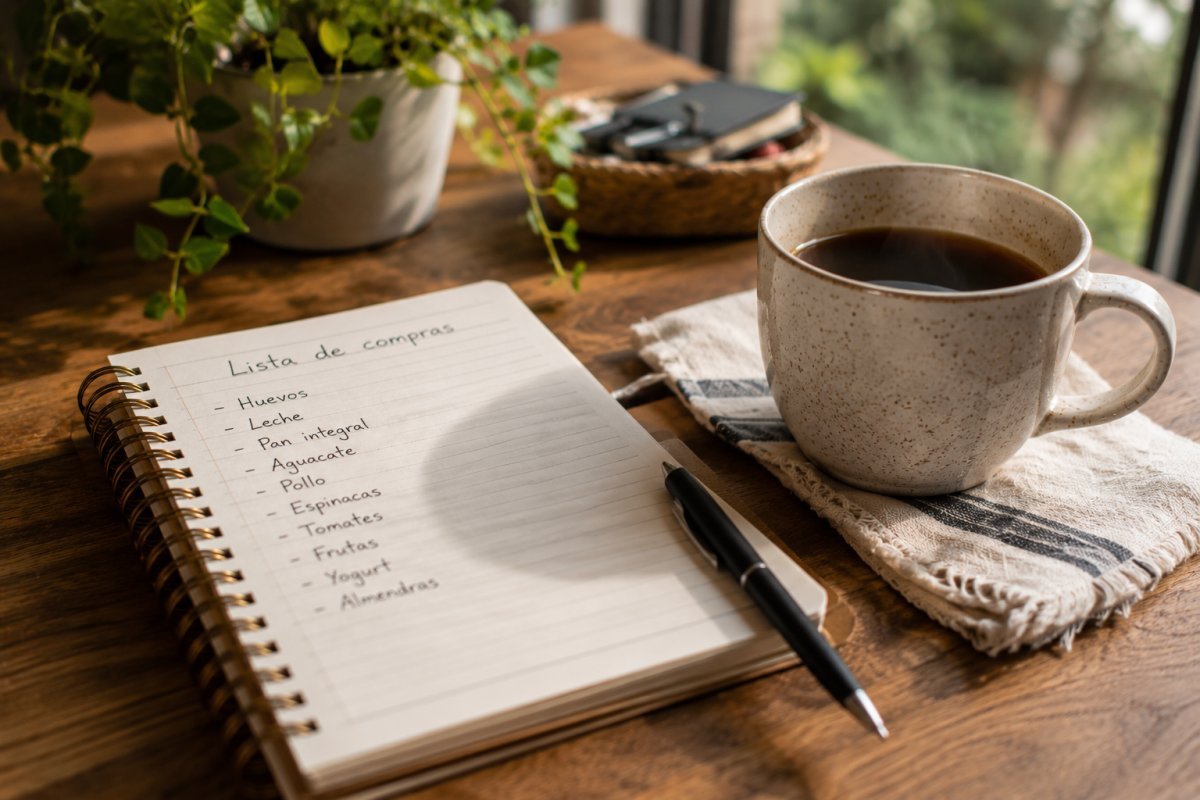Una libreta con una lista de compras al lado de una taza de café