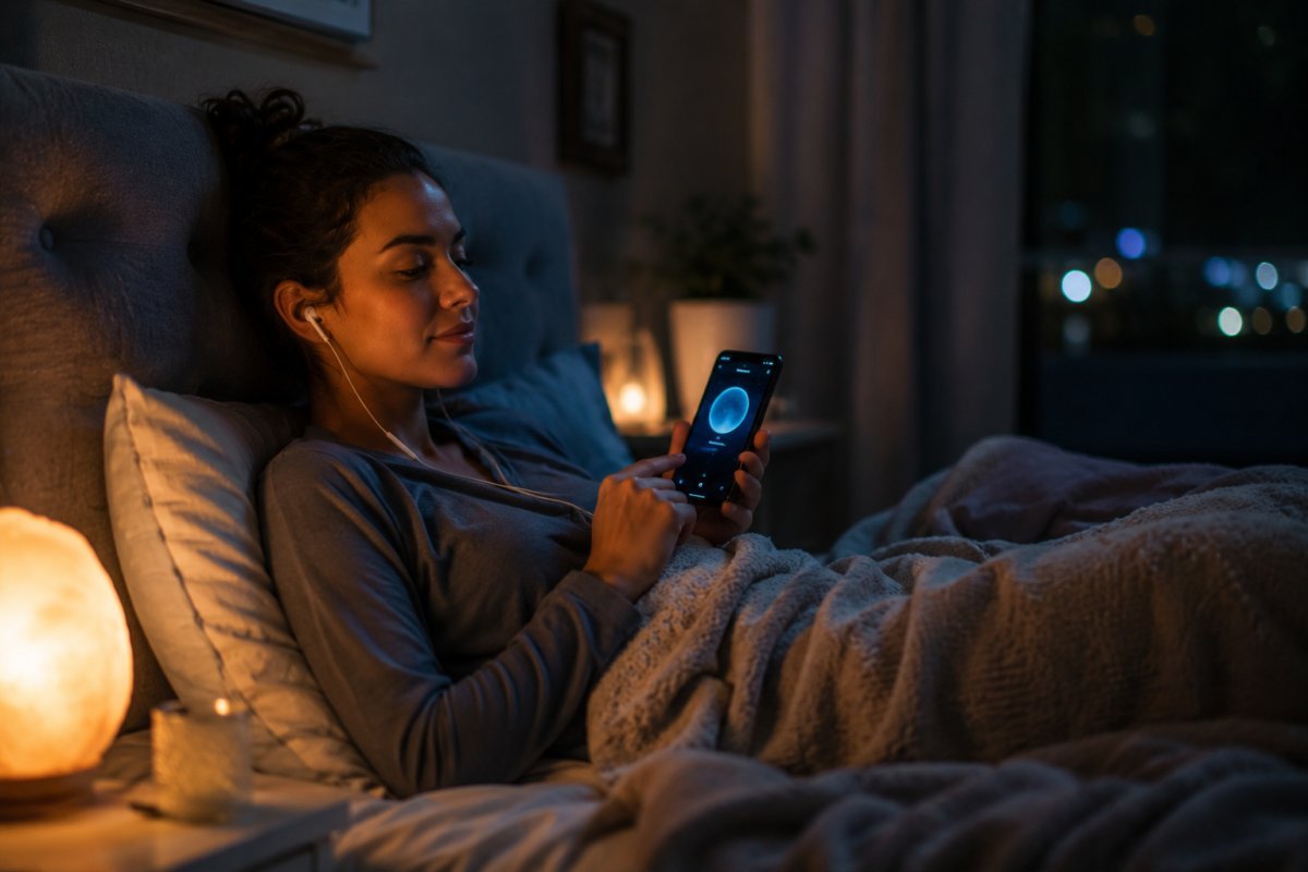 Persona usando apps de relajación para combatir el insomnio