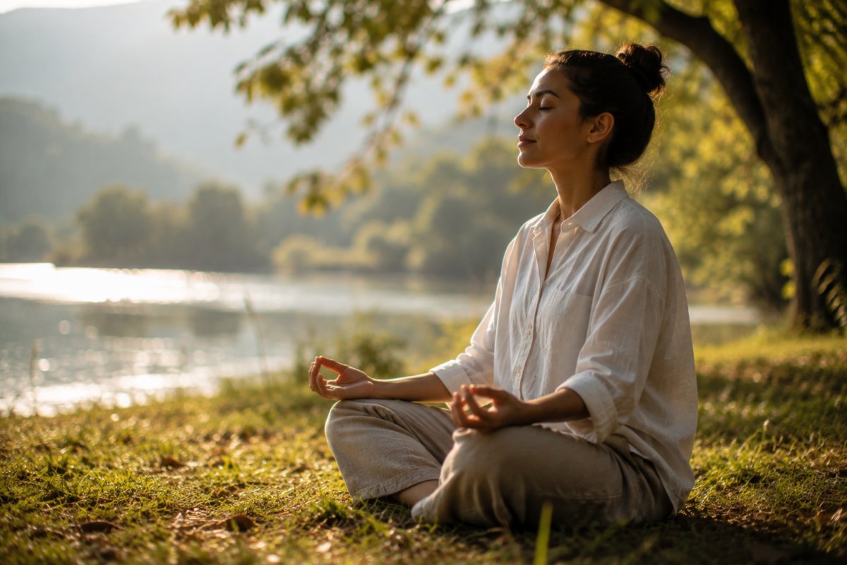 Persona meditando al aire libre aprendiendo regulación emocional