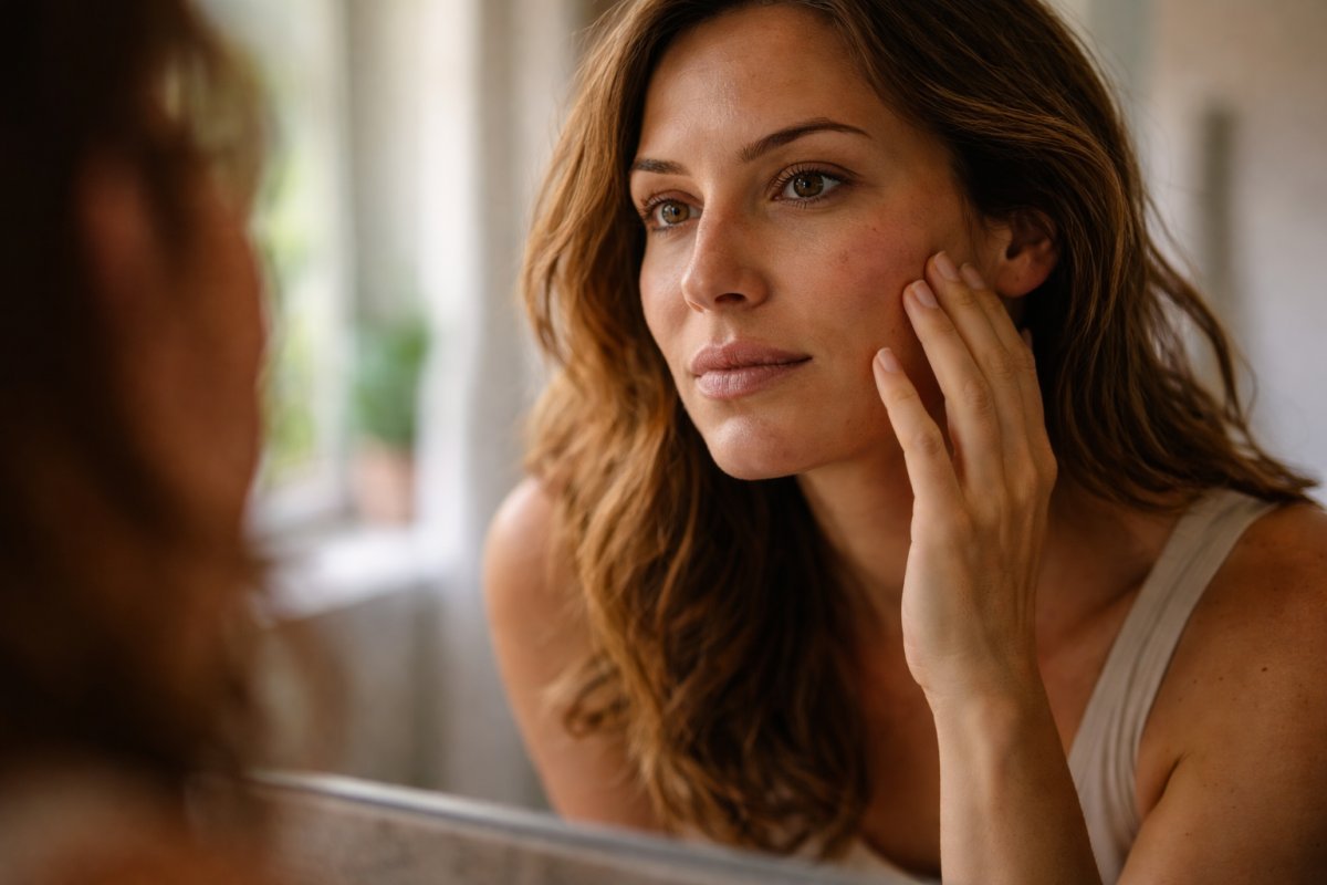 Rostro de mujer madura frente al espejo con expresión pensativa mientras la luz natural resalta pequeñas imperfecciones de la piel