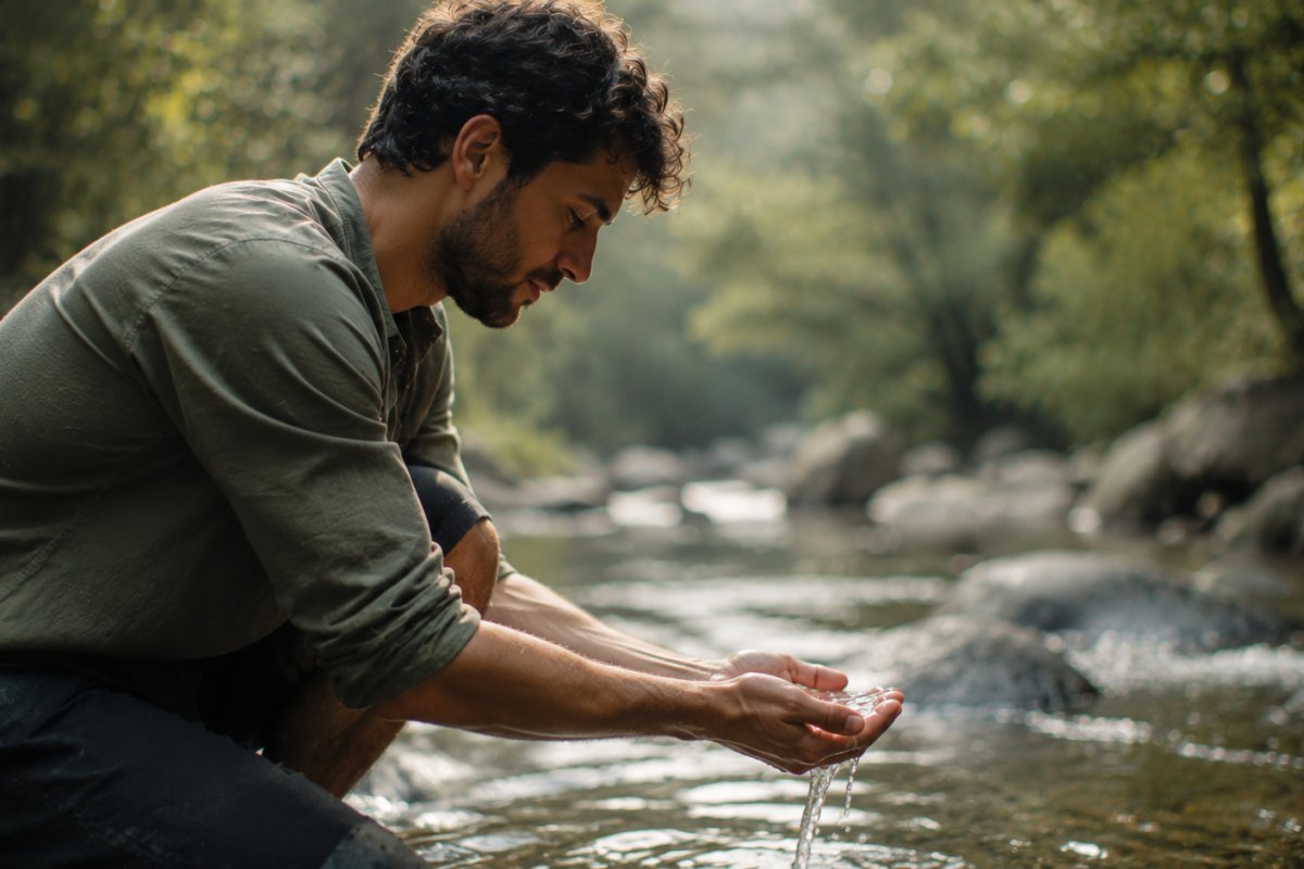 Un hombre en un entorno natural explorando la sensación del agua en sus manos