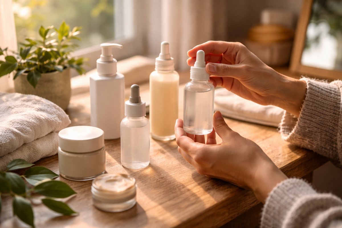 Frascos de sueros y cremas minimalistas junto a hojas verdes y toalla blanca iluminados por luz suave de mañana
