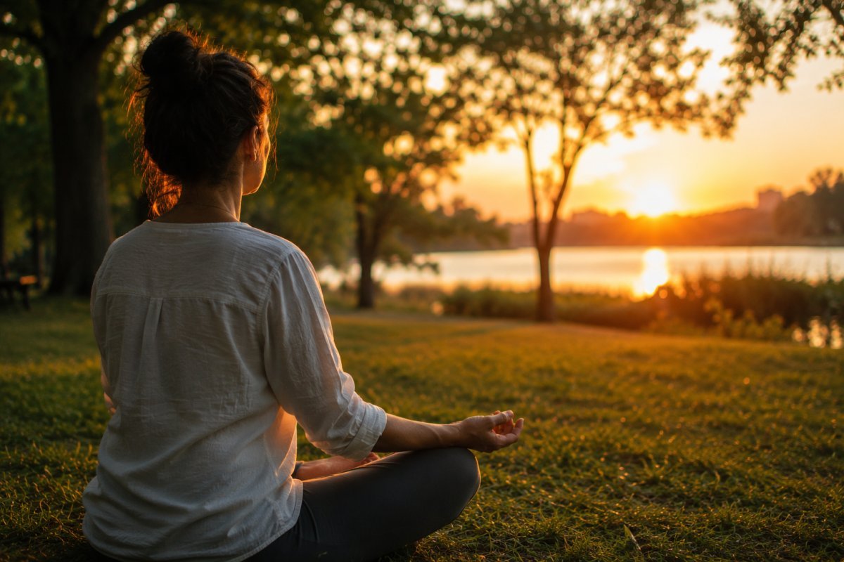 Una persona meditando en un parque tranquilo al atardecer