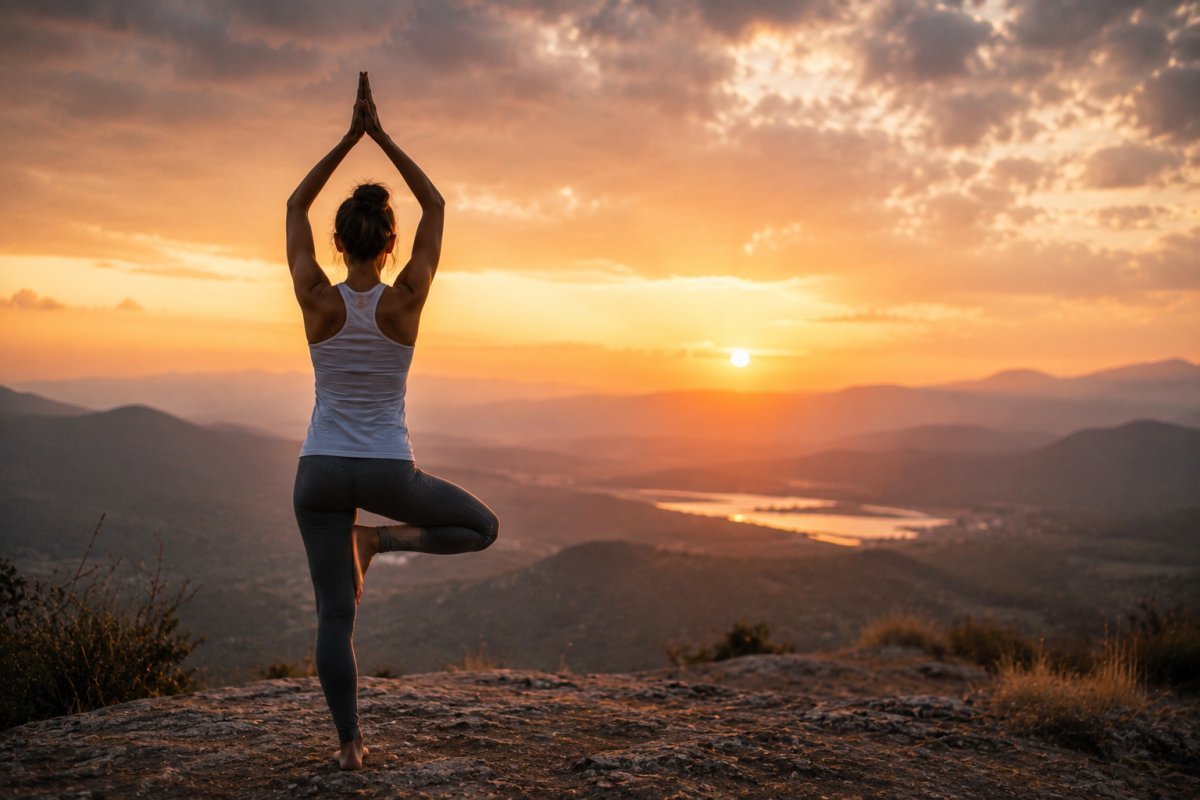 Una mujer  practicando yoga sobre una colina al atardecer