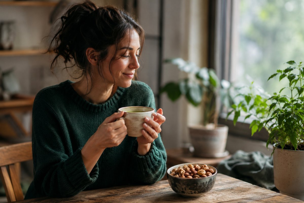 Un tazón de frutos secos junto a una taza de té verde