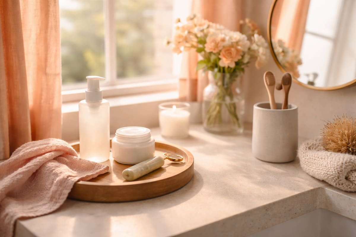 luz natural entrando por una ventana mientras una rutina facial sencilla comienza el día