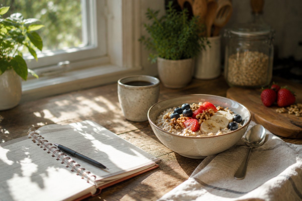 plato con avena frutas y nueces junto a una libreta abierta mientras entra luz natural por la ventana de la cocina