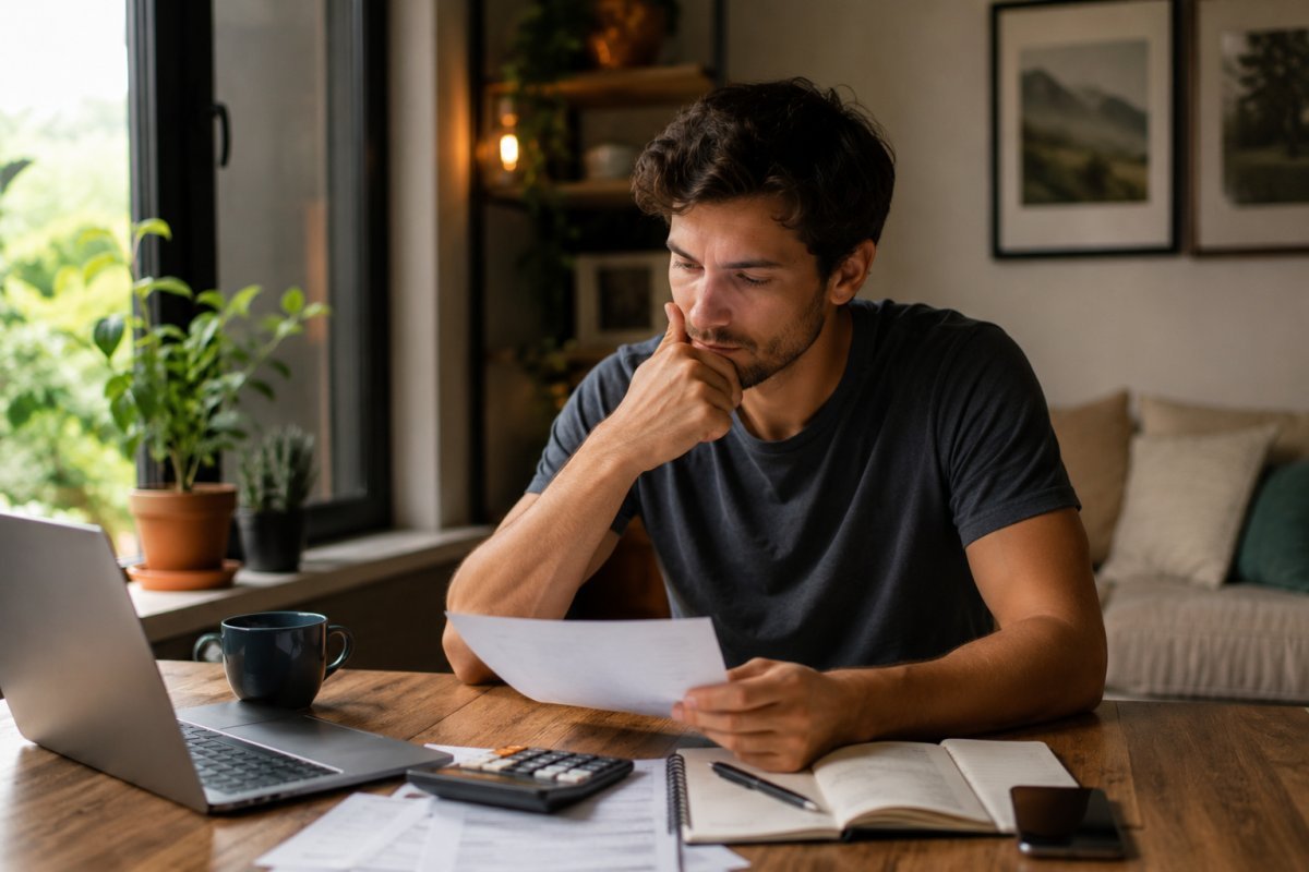 Un hombre joven revisando sus finanzas en un ambiente tranquilo
