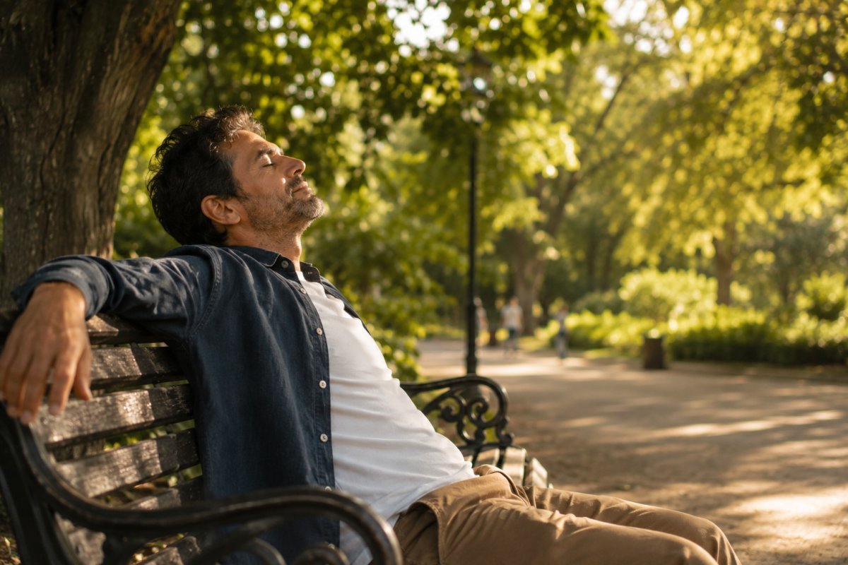 Un hombre relajándose en un parque mientras disfruta del entorno