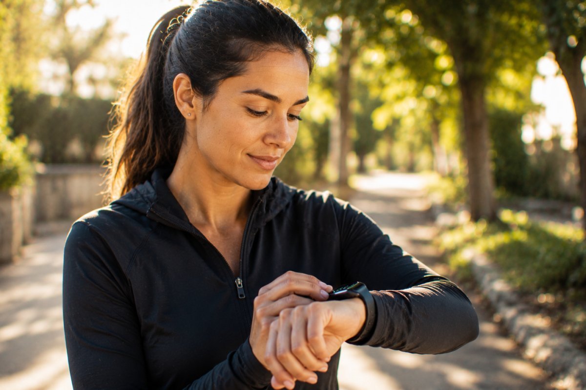Una mujer joven observando su smartwatch con curiosidad