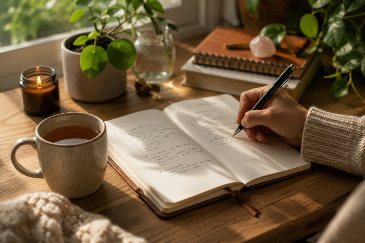 Mano escribiendo en un diario junto a una taza de té en un ambiente tranquilo
