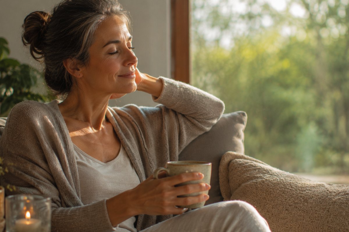 Una mujer madura con expresión serena disfrutando de un momento de descanso