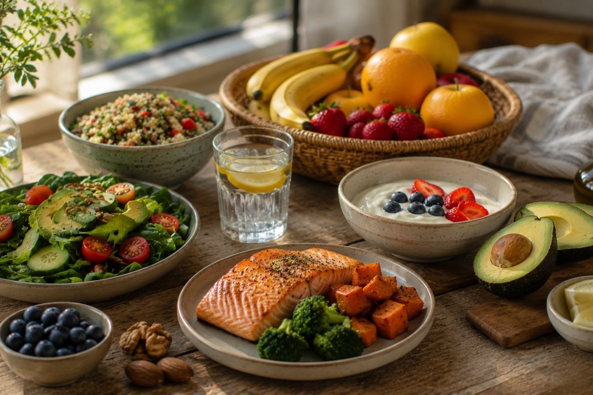 Mesa con alimentos frescos y coloridos en un ambiente sereno