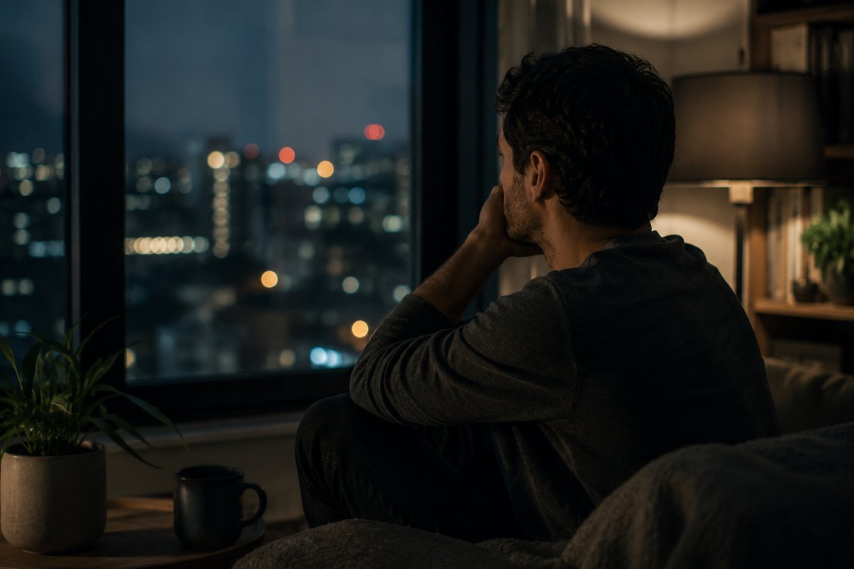 Un hombre mirando por la ventana, reflexionando en la noche