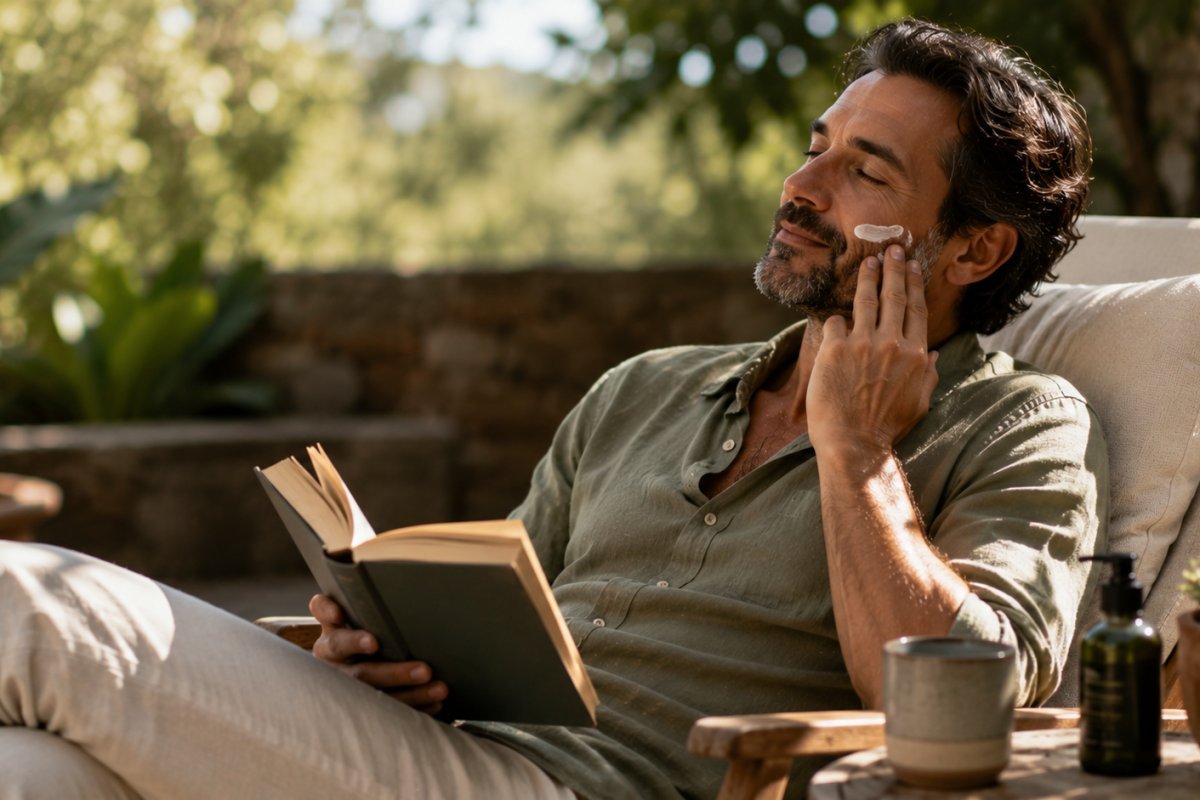 Un hombre maduro relajándose al aire libre con un libro