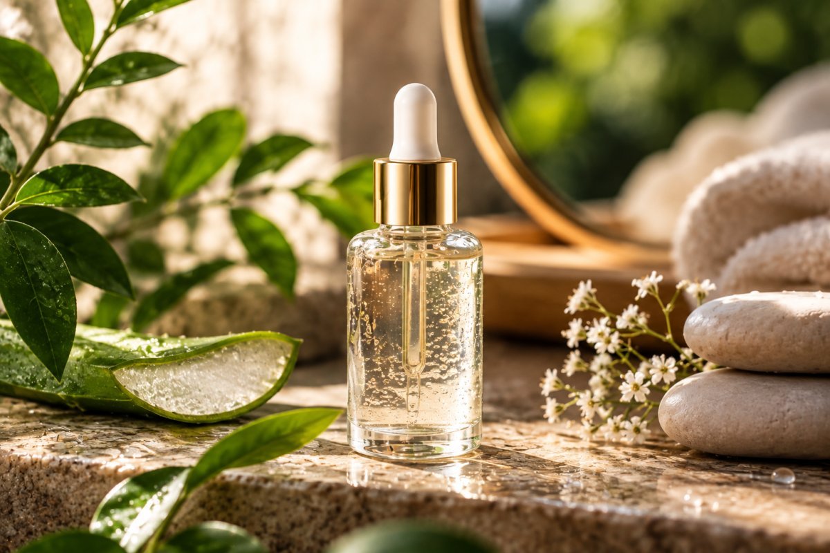 Un frasco de sérum sobre un fondo natural, simbolizando frescura y cuidado