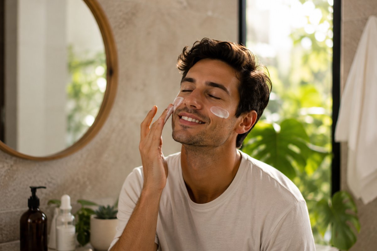 Un hombre joven disfrutando de una rutina de cuidado facial con una sonrisa serena