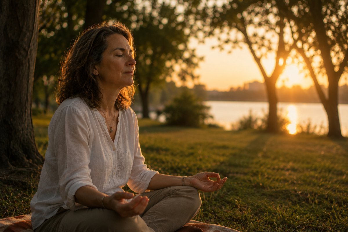 mujer madura meditando en un parque tranquilo al atardecer