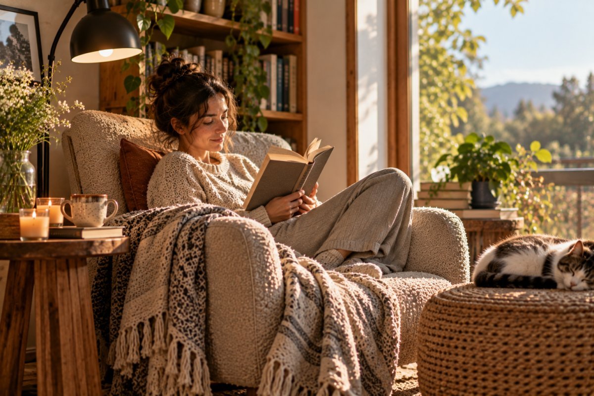 Persona disfrutando del asiento ideal para su rincón de lectura