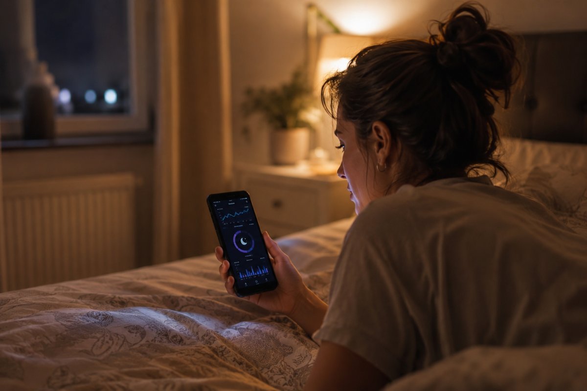 Mujer revisando datos de sueño en su dispositivo