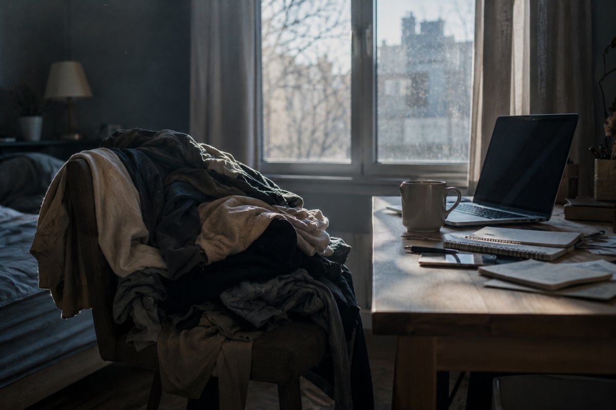una silla con ropa acumulada frente a una laptop encendida y una taza de café olvidada mientras la luz fría de la mañana entra en un cuarto silencioso