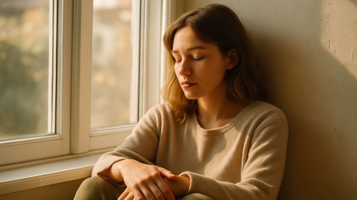 persona descansando en un momento de calma emocional junto a una ventana