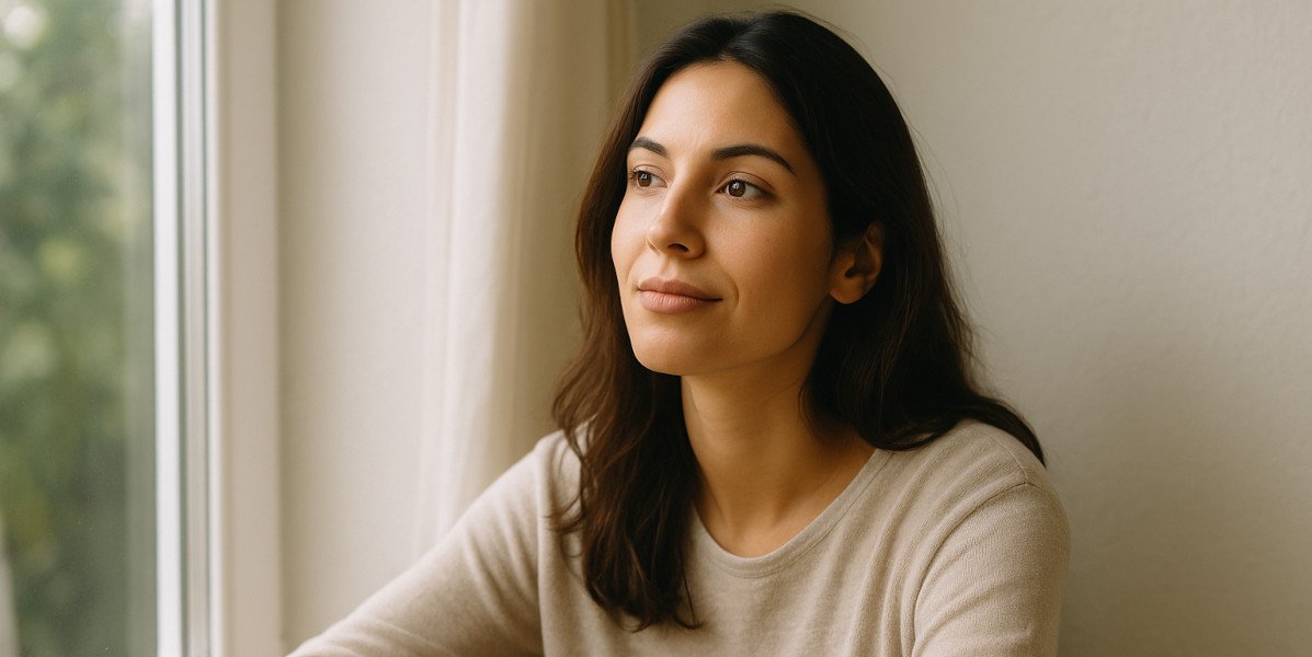 Mujer con mirada tranquila y expresión serena sentada cerca de una ventana con luz natural, estilo wellness