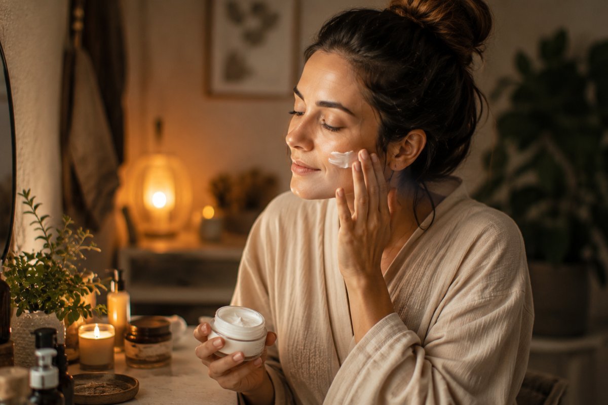 Una persona relajada aplicándose productos de cuidado facial en un entorno tranquilo