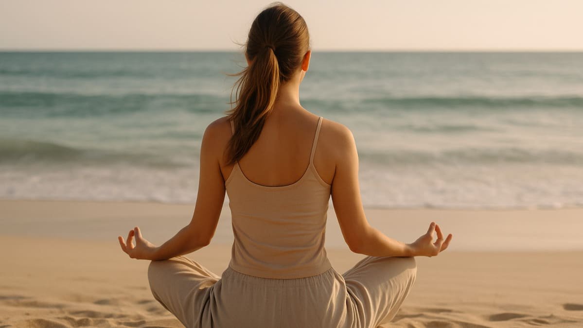 Mujer relajándose frente al mar con luz suave, practicando bienestar en vacaciones