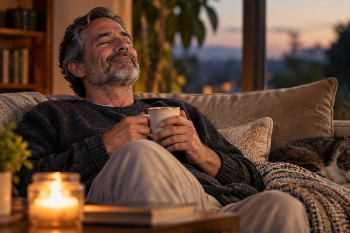 Un hombre maduro disfrutando de un momento de tranquilidad en casa