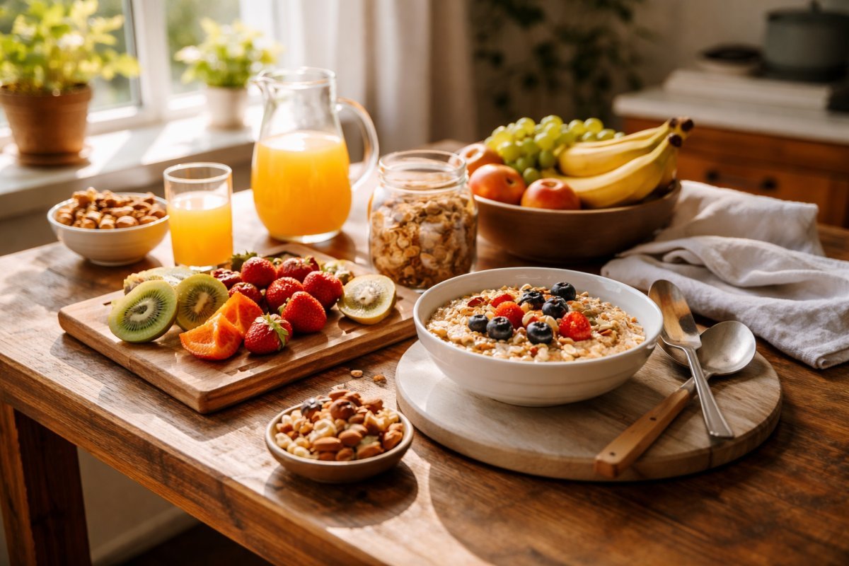 Mesa de cocina con frutas frescas, avena y frutos secos mientras la luz de la mañana entra por la ventana