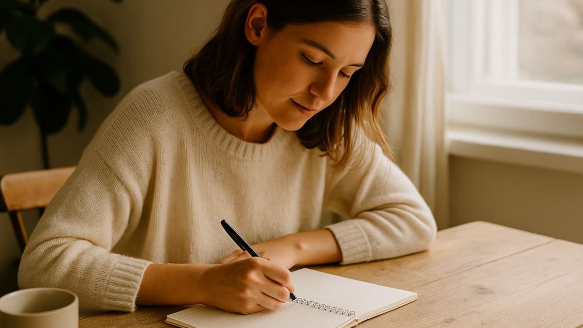 persona creando su plan de autocuidado en un espacio tranquilo con luz natural
