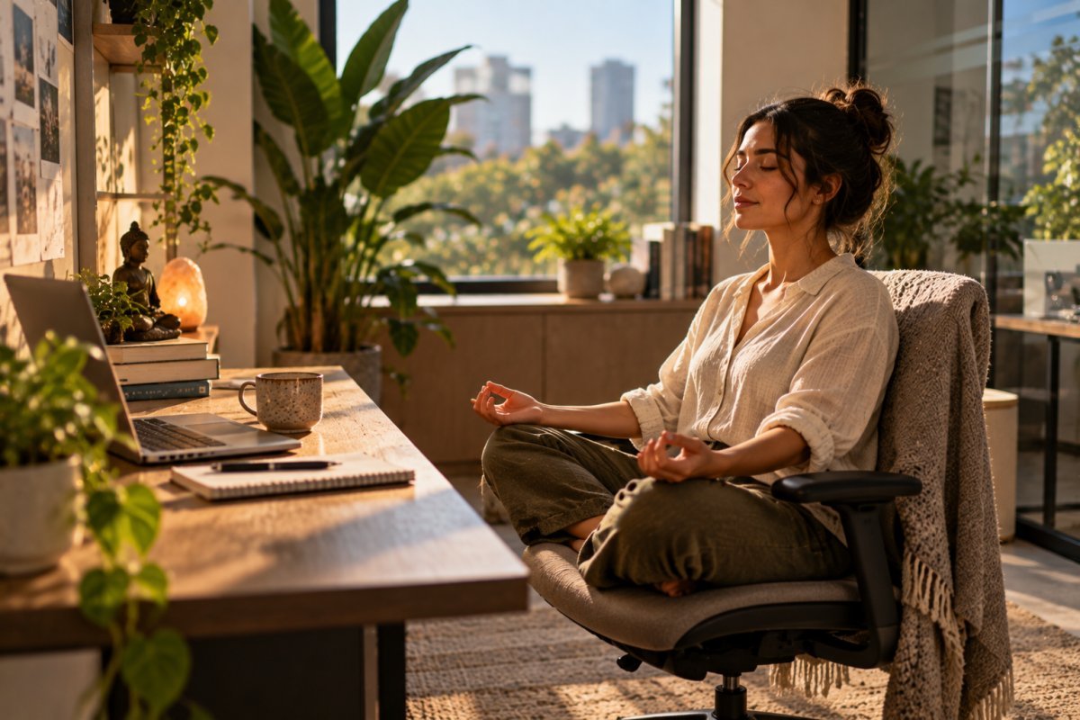 Espacio de trabajo adaptado para meditación en la oficina