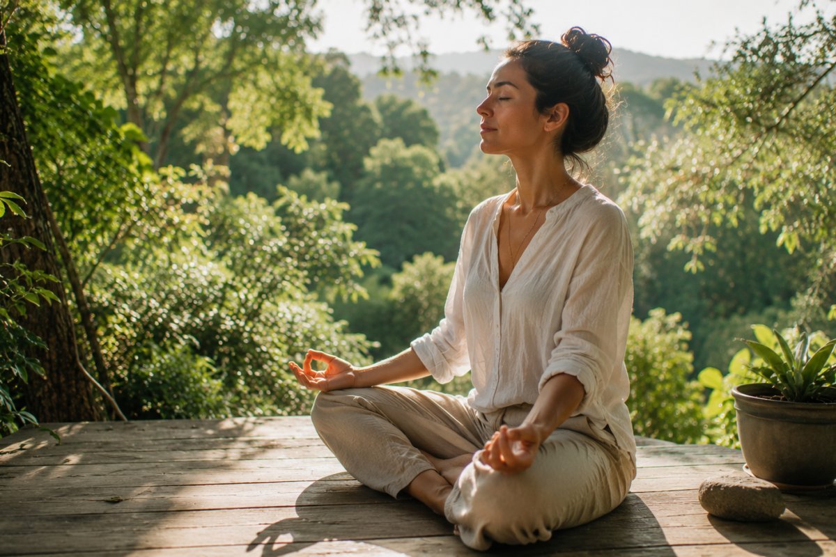 Una mujer meditando rodeada de naturaleza en un día soleado