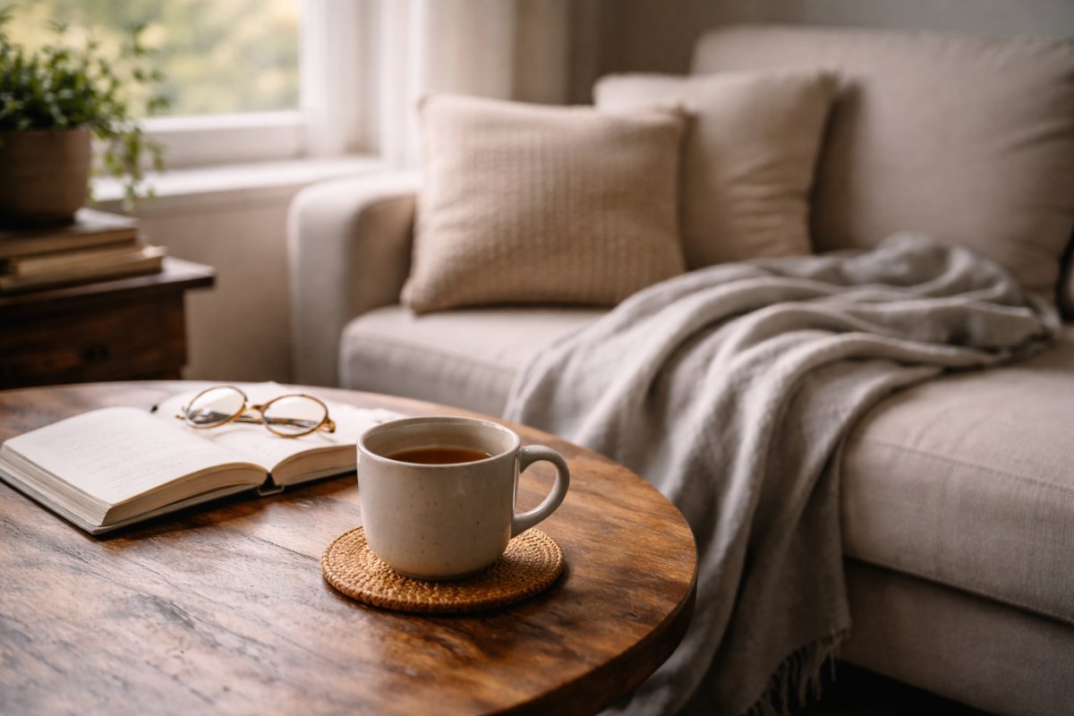 Sofá con manta ligera y taza de té sobre una mesa mientras la luz tenue entra por una ventana en un ambiente de calma