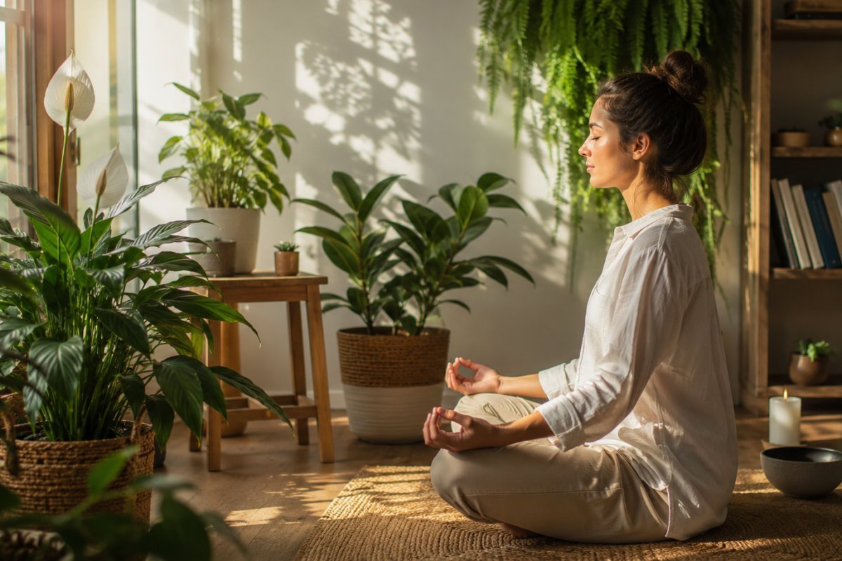 Plantas que purifican el aire junto a una persona meditando