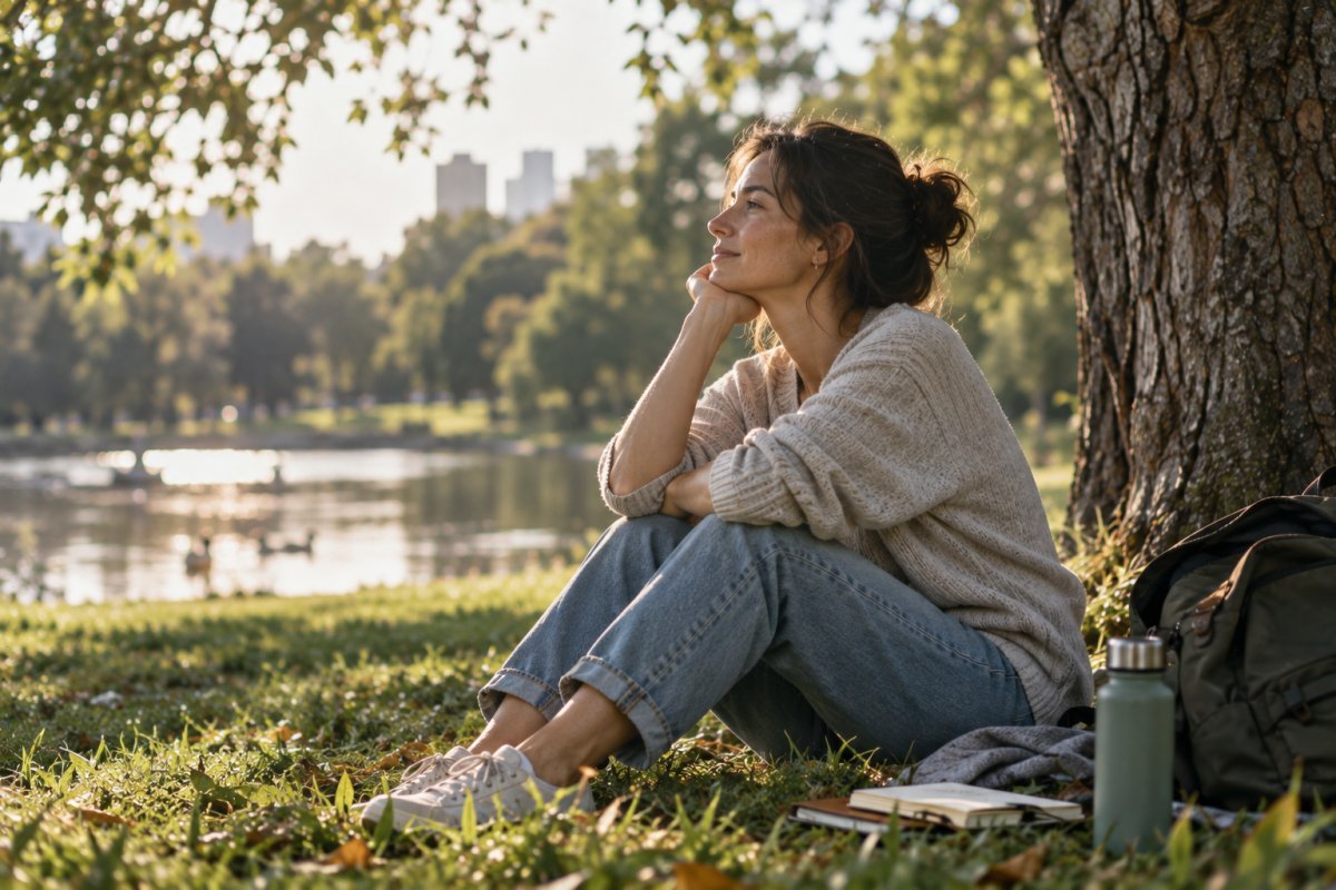 Persona meditando en un parque, experimentando tiempo consciente