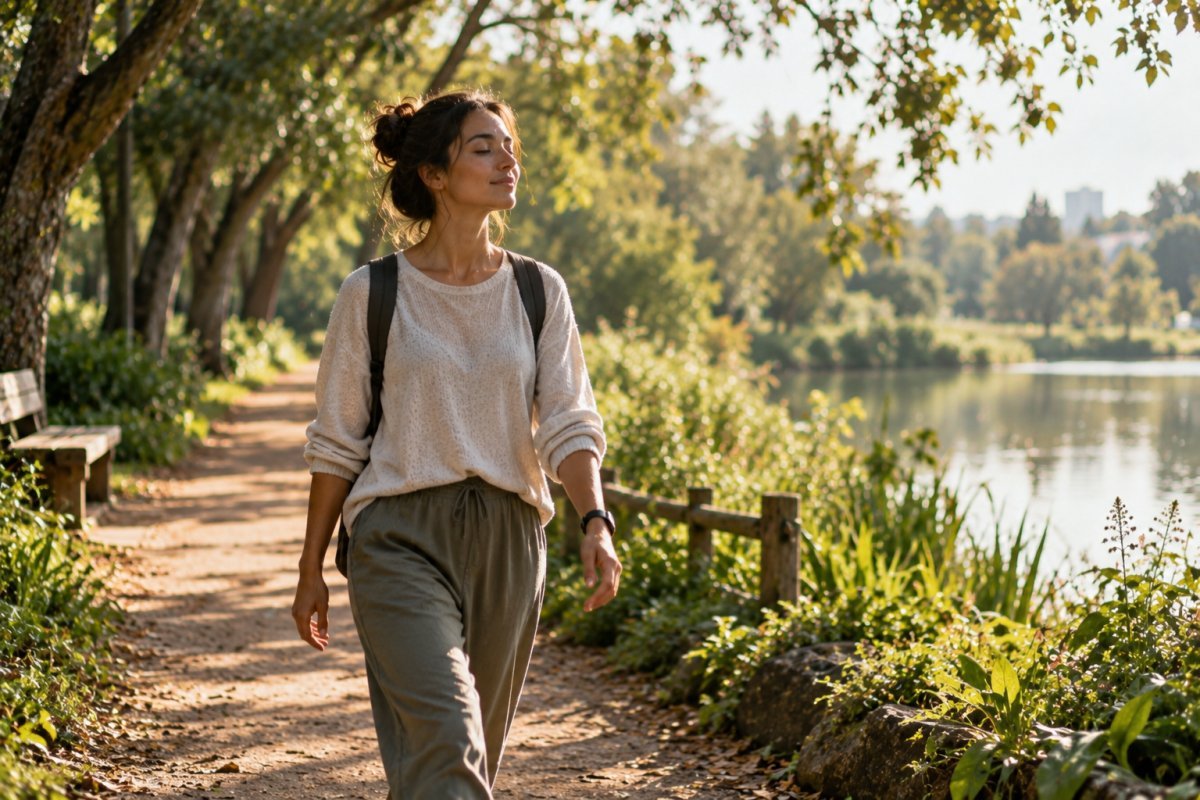 Persona meditando mientras camina en un parque
