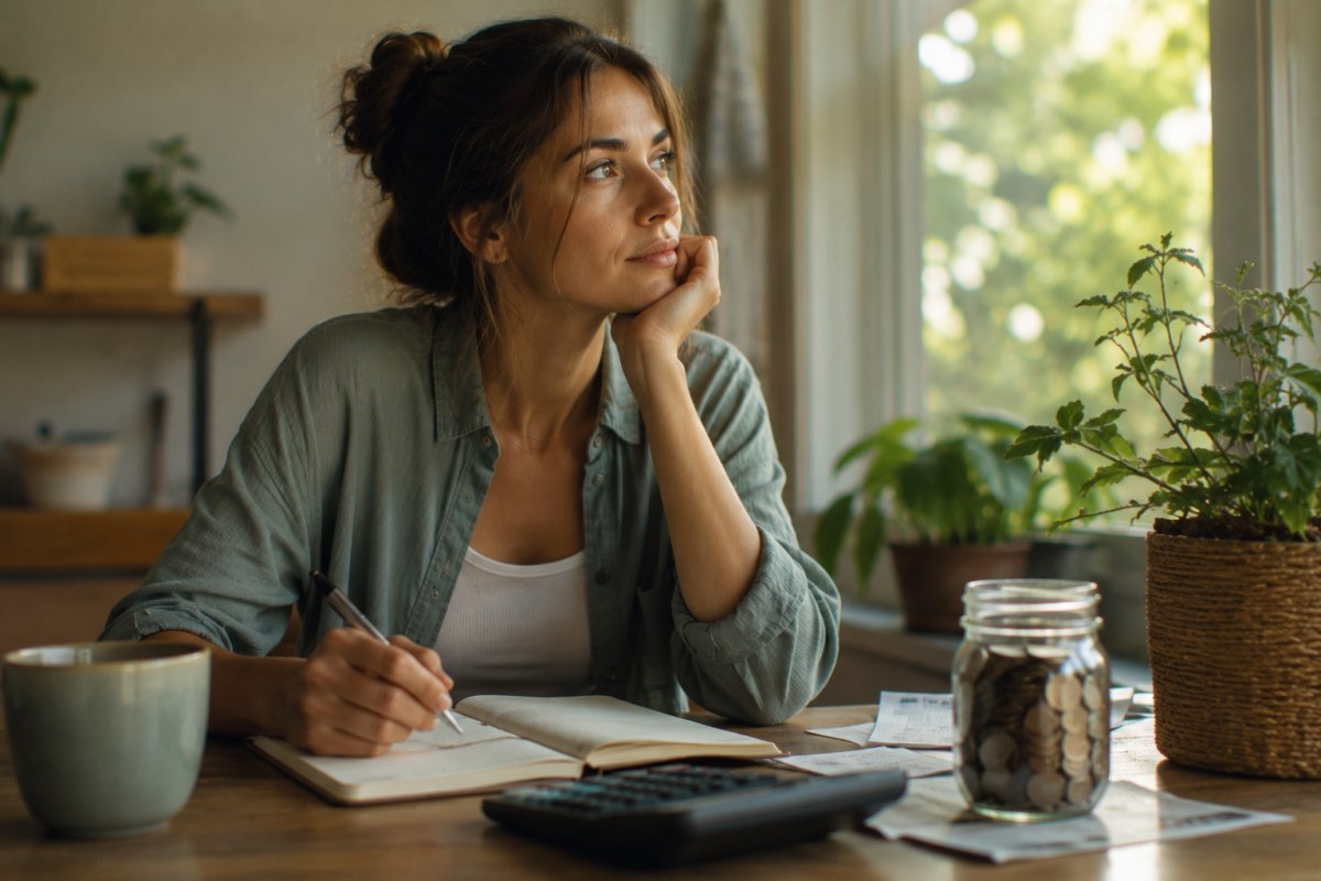 Mujer joven reflexionando sobre su bienestar financiero