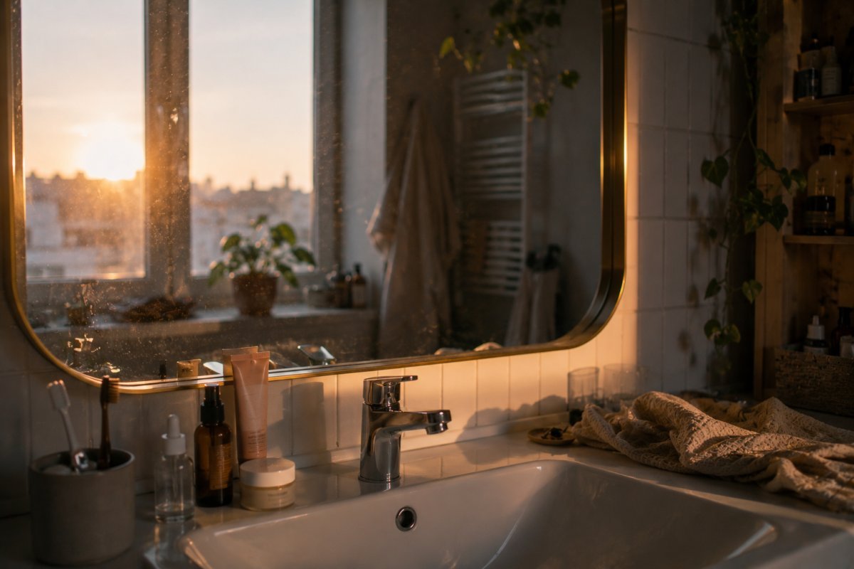 un espejo con pocos productos de belleza usados sobre un lavabo mientras la luz suave del amanecer ilumina un baño desordenado y silencioso