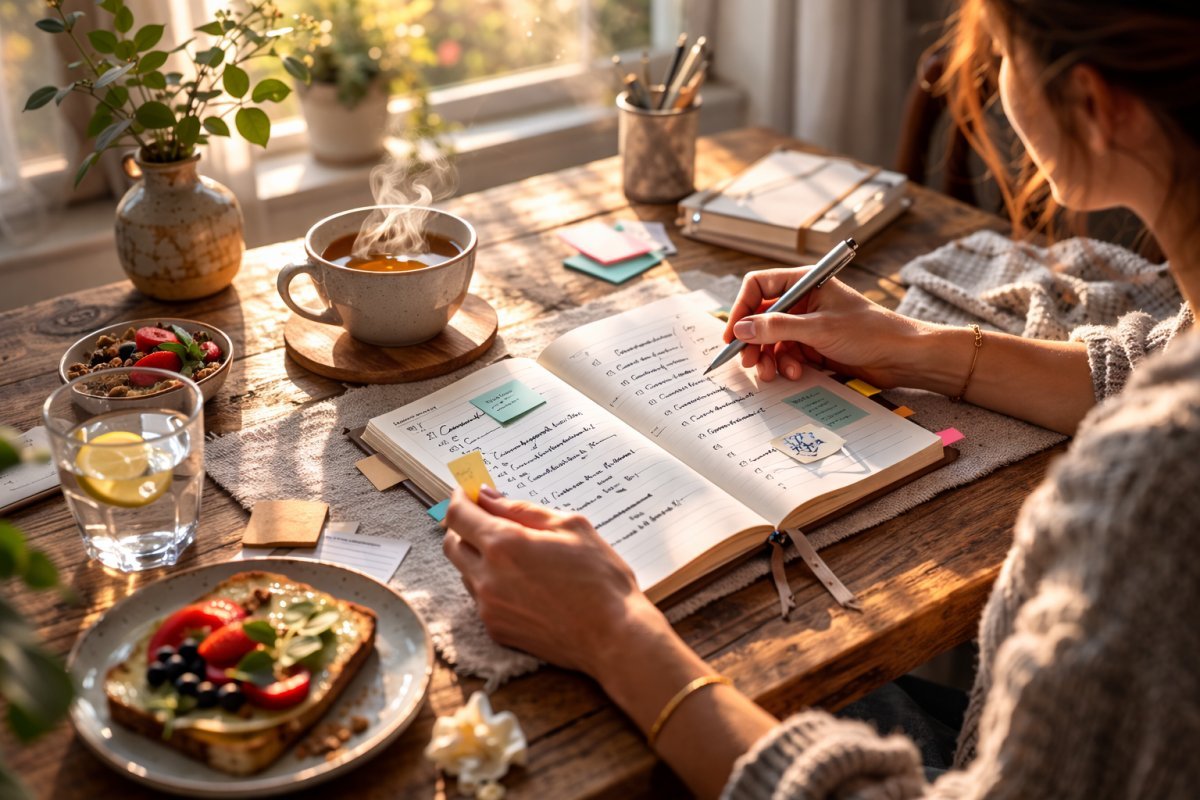 Agenda abierta sobre mesa de madera con taza de té y luz natural entrando mientras la página muestra tareas parcialmente tachadas
