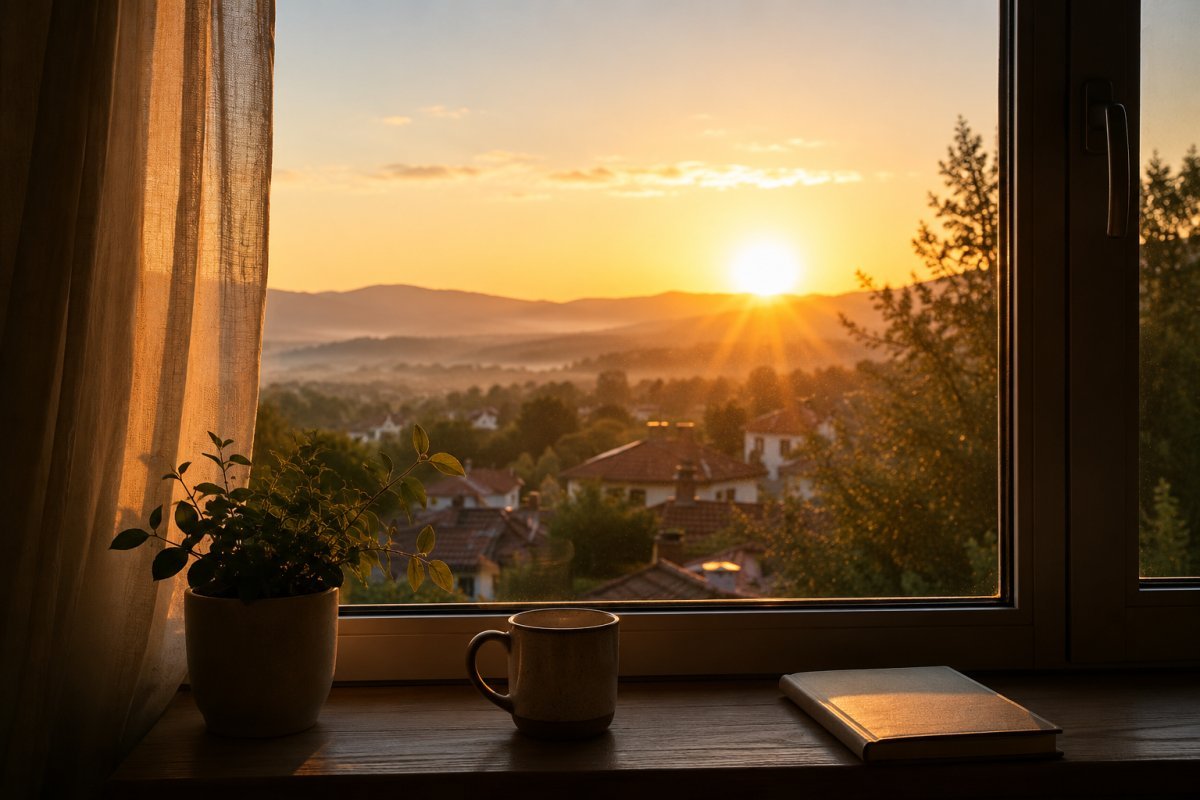 Un amanecer sereno visto desde una ventana, reflejando calma y renovación