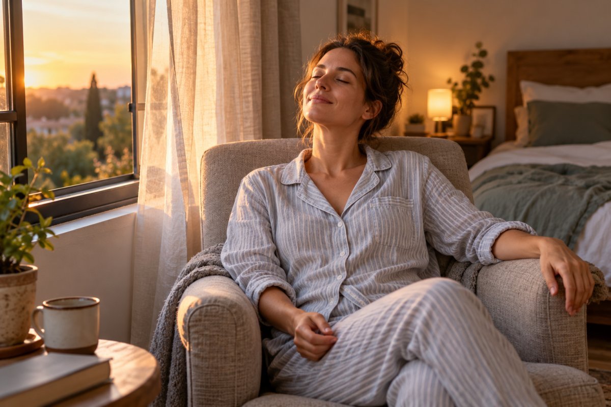 Mujer relajándose al equilibrar el cortisol para dormir mejor