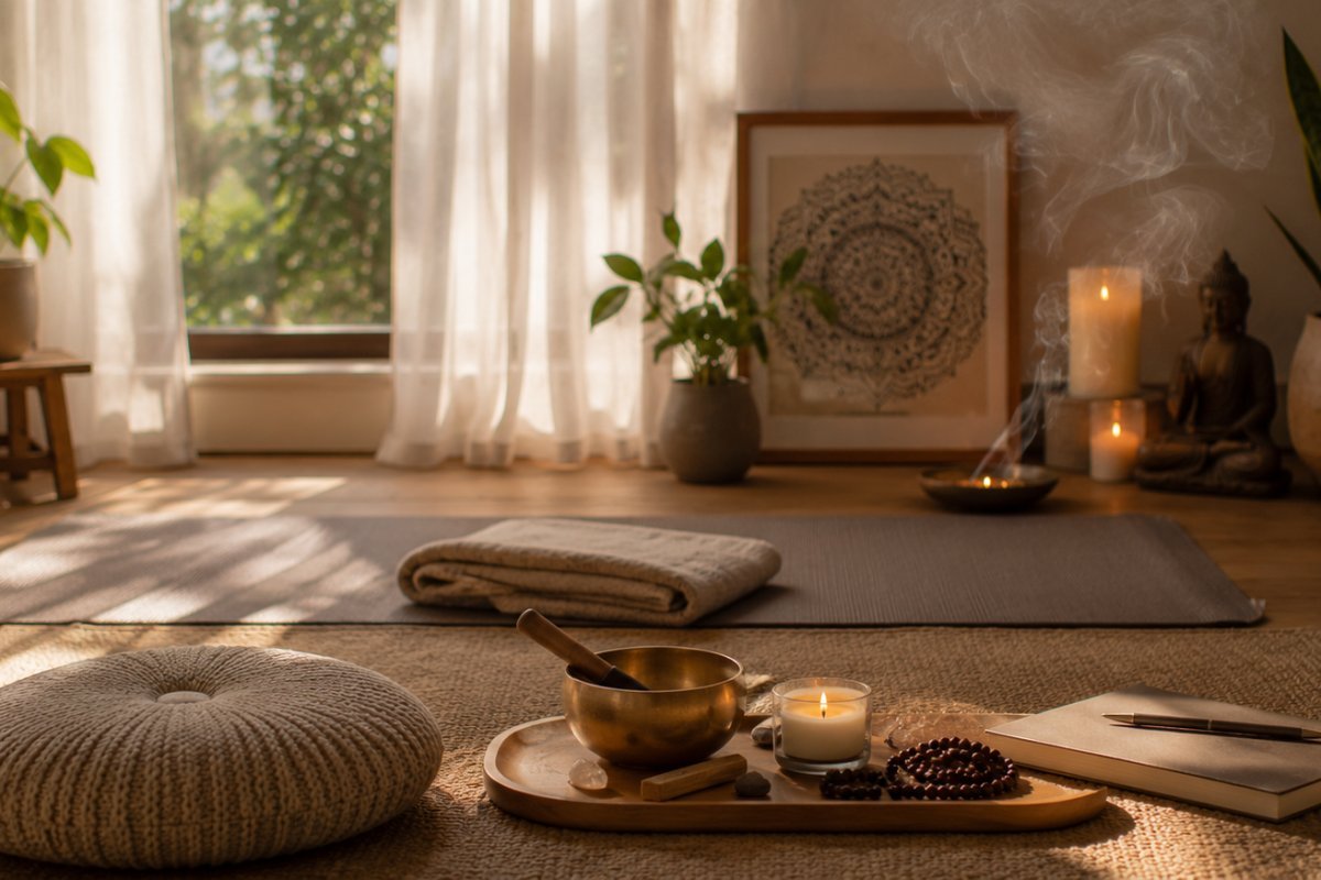 Espacio de meditación con accesorios imprescindibles